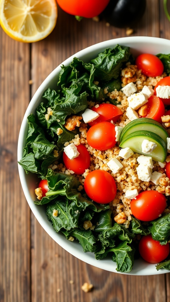 A colorful kale and quinoa salad with tomatoes, cucumber, feta cheese, and walnuts in a rustic bowl.